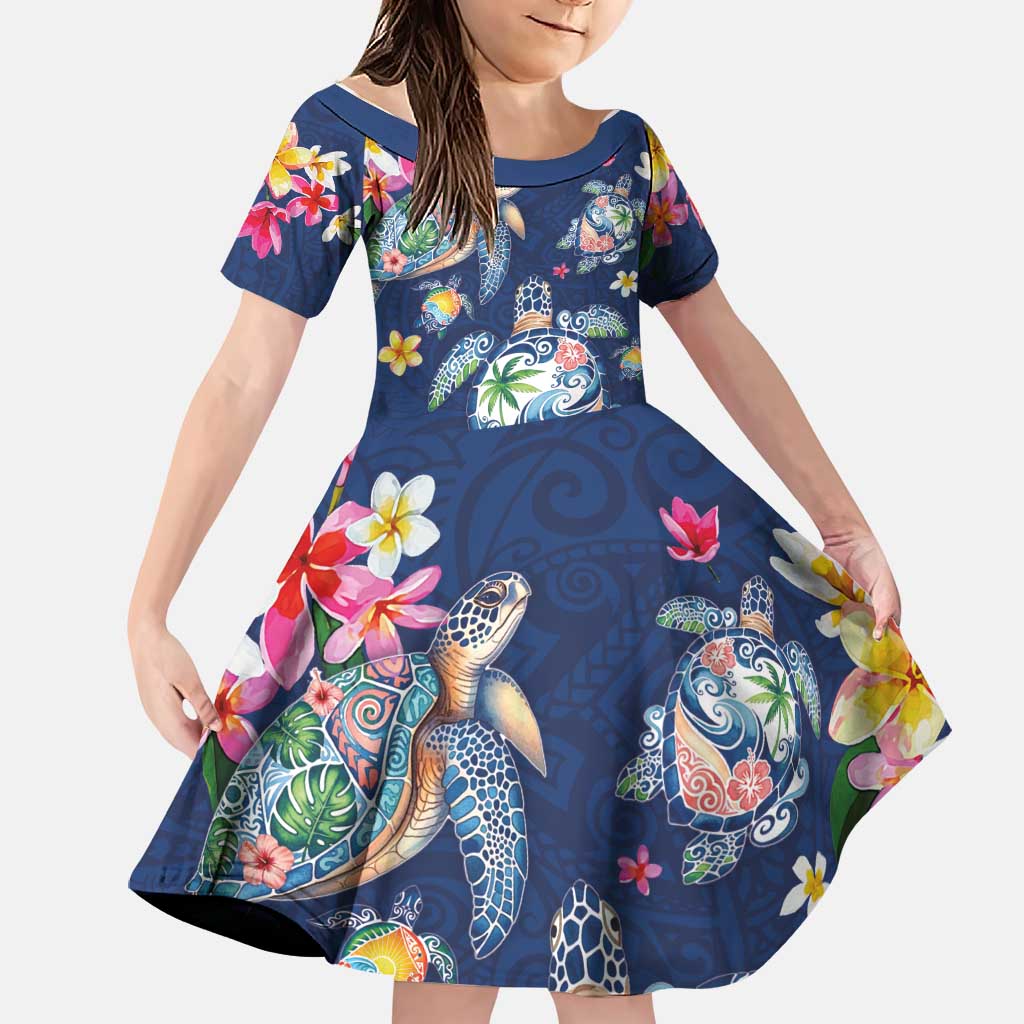 Hawaiian Turtles and Tropical Plants Family Matching Off The Shoulder Long Sleeve Dress and Hawaiian Shirt Blue Watercolor LT03 Daughter's Dress Blue - Polynesian Pride