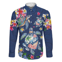 Hawaiian Turtles and Tropical Plants Family Matching Off Shoulder Maxi Dress and Hawaiian Shirt Blue Watercolor LT03 Dad's Shirt - Long Sleeve Blue - Polynesian Pride