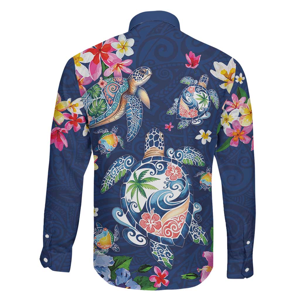 Hawaiian Turtles and Tropical Plants Family Matching Off Shoulder Maxi Dress and Hawaiian Shirt Blue Watercolor LT03 - Polynesian Pride