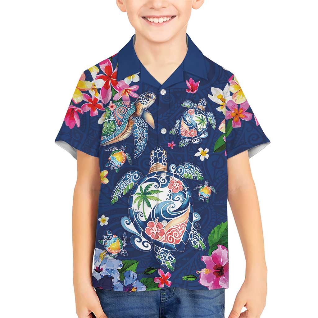 Hawaiian Turtles and Tropical Plants Family Matching Off Shoulder Maxi Dress and Hawaiian Shirt Blue Watercolor LT03 Son's Shirt Blue - Polynesian Pride