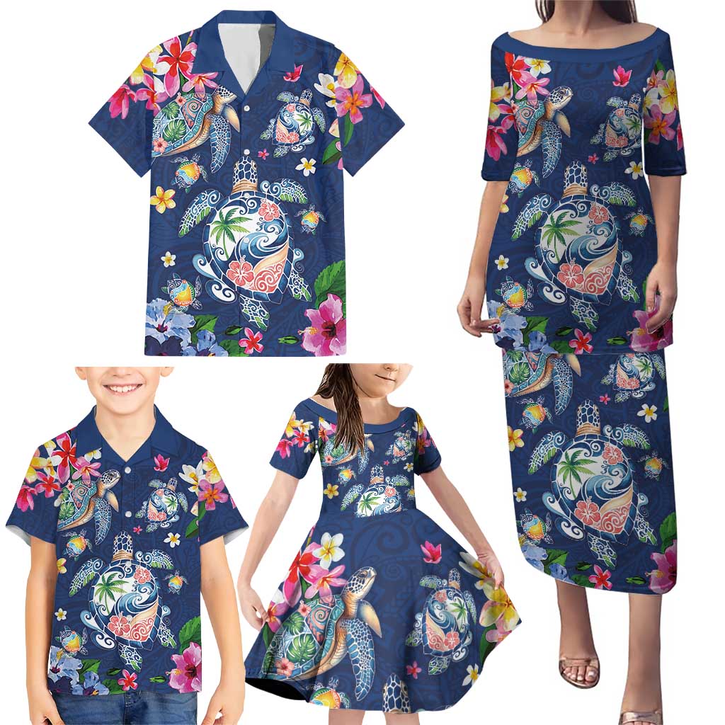 Hawaiian Turtles and Tropical Plants Family Matching Puletasi and Hawaiian Shirt Blue Watercolor LT03 - Polynesian Pride