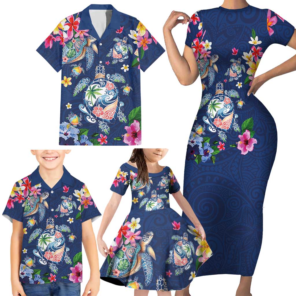 Hawaiian Turtles and Tropical Plants Family Matching Short Sleeve Bodycon Dress and Hawaiian Shirt Blue Watercolor LT03 - Polynesian Pride