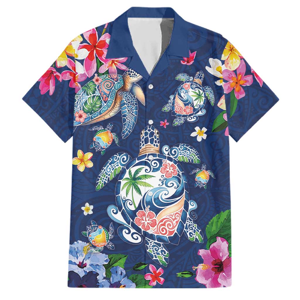 Hawaiian Turtles and Tropical Plants Family Matching Tank Maxi Dress and Hawaiian Shirt Blue Watercolor LT03 Dad's Shirt - Short Sleeve Blue - Polynesian Pride