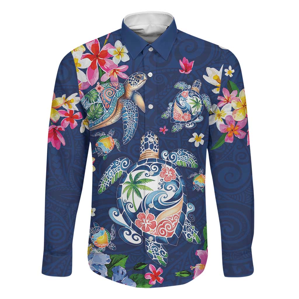 Hawaiian Turtles and Tropical Plants Family Matching Tank Maxi Dress and Hawaiian Shirt Blue Watercolor LT03 Dad's Shirt - Long Sleeve Blue - Polynesian Pride