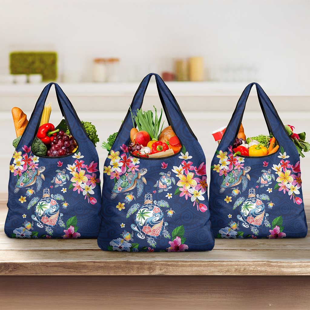 Hawaiian Turtles and Tropical Plants Grocery Bag Blue Watercolor