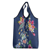Hawaiian Turtles and Tropical Plants Grocery Bag Blue Watercolor