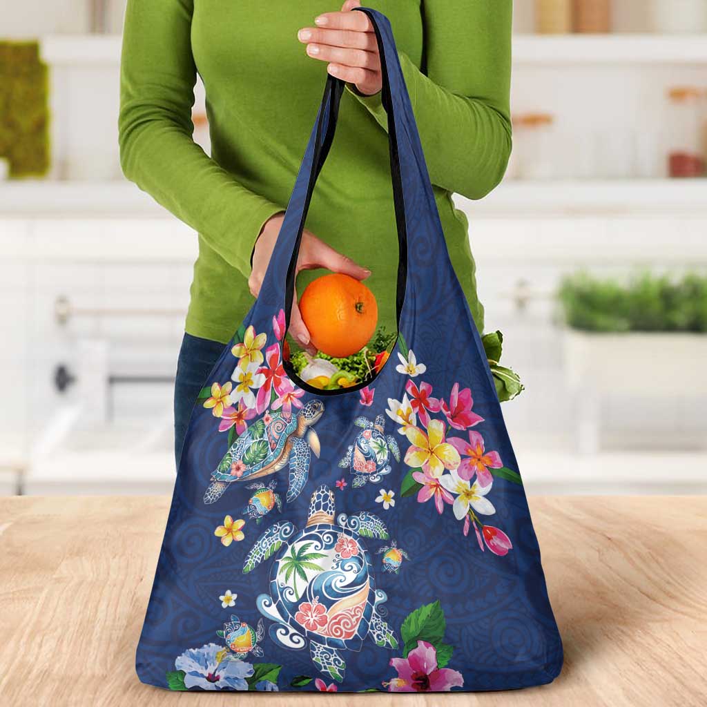 Hawaiian Turtles and Tropical Plants Grocery Bag Blue Watercolor