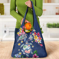 Hawaiian Turtles and Tropical Plants Grocery Bag Blue Watercolor