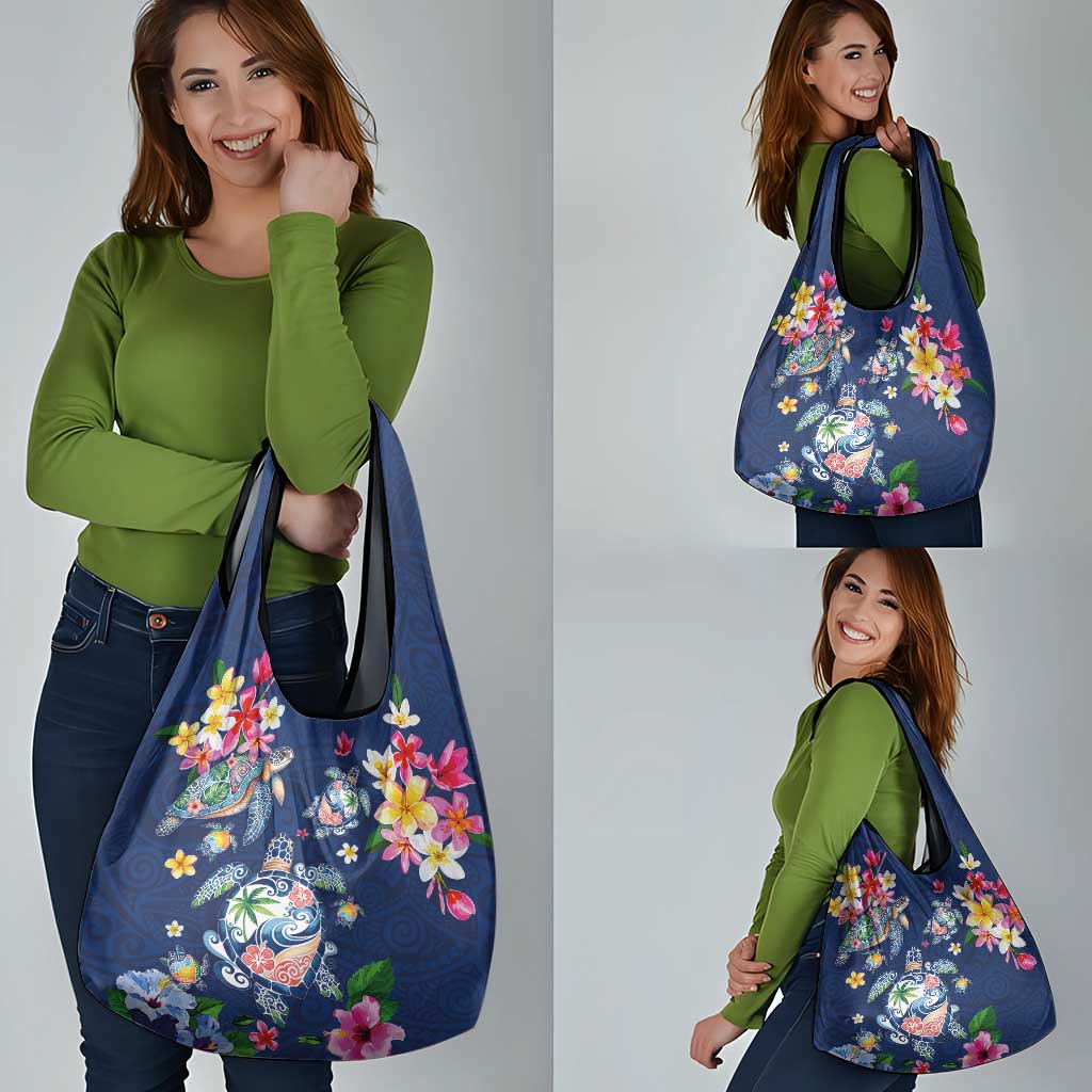 Hawaiian Turtles and Tropical Plants Grocery Bag Blue Watercolor
