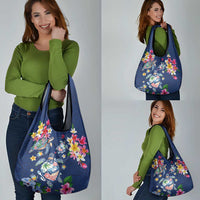 Hawaiian Turtles and Tropical Plants Grocery Bag Blue Watercolor