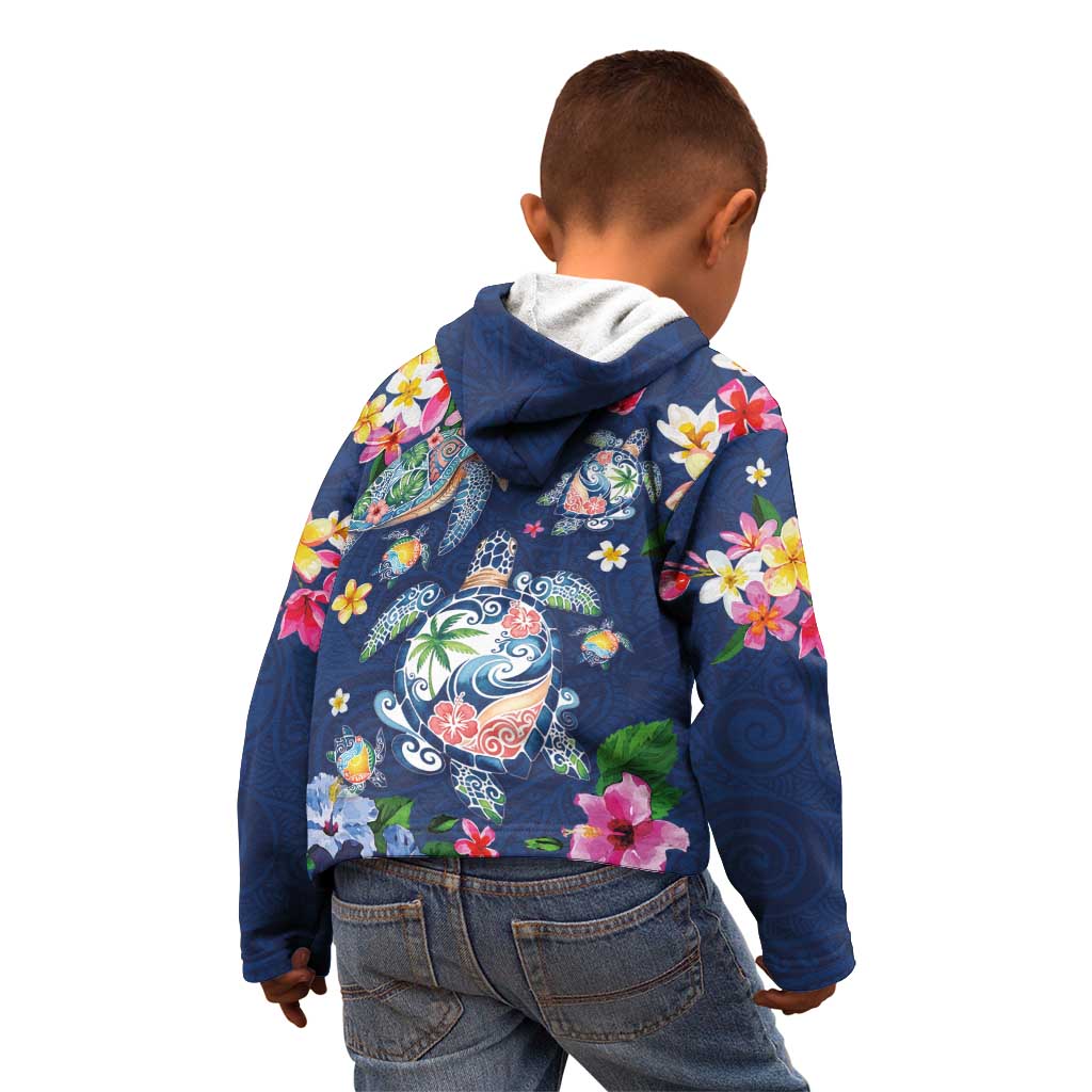 Hawaiian Turtles and Tropical Plants Kid Hoodie Blue Watercolor LT03 - Polynesian Pride