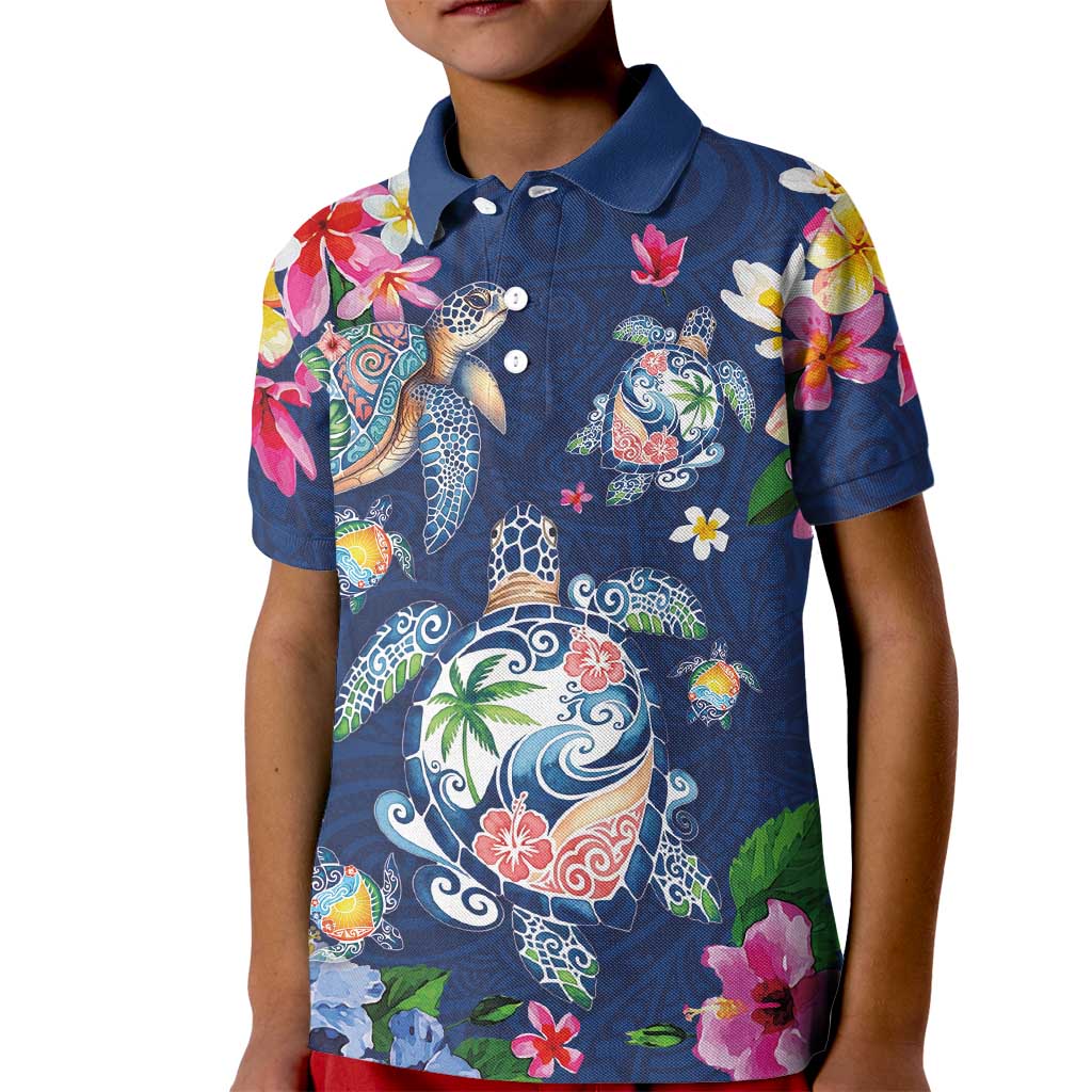 Hawaiian Turtles and Tropical Plants Kid Polo Shirt Blue Watercolor LT03 Kid Blue - Polynesian Pride