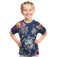 Hawaiian Turtles and Tropical Plants Kid T Shirt Blue Watercolor