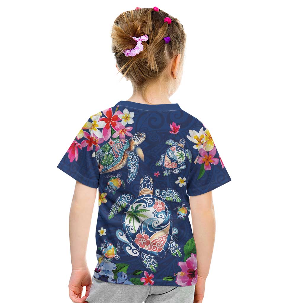 Hawaiian Turtles and Tropical Plants Kid T Shirt Blue Watercolor