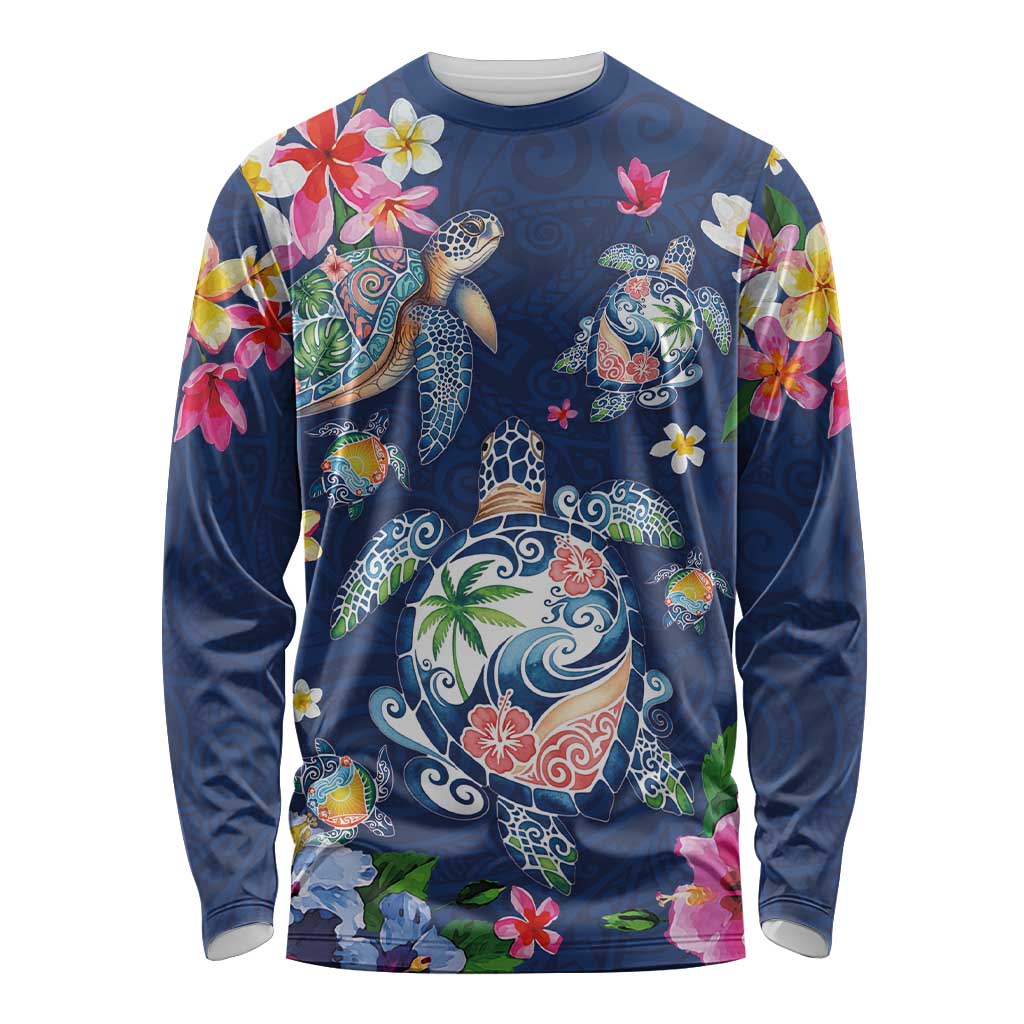 Hawaiian Turtles and Tropical Plants Long Sleeve Shirt Blue Watercolor