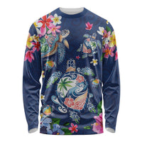 Hawaiian Turtles and Tropical Plants Long Sleeve Shirt Blue Watercolor