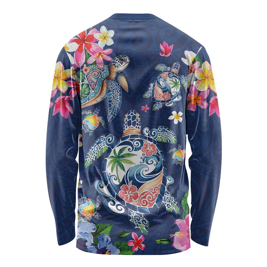 Hawaiian Turtles and Tropical Plants Long Sleeve Shirt Blue Watercolor