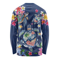 Hawaiian Turtles and Tropical Plants Long Sleeve Shirt Blue Watercolor