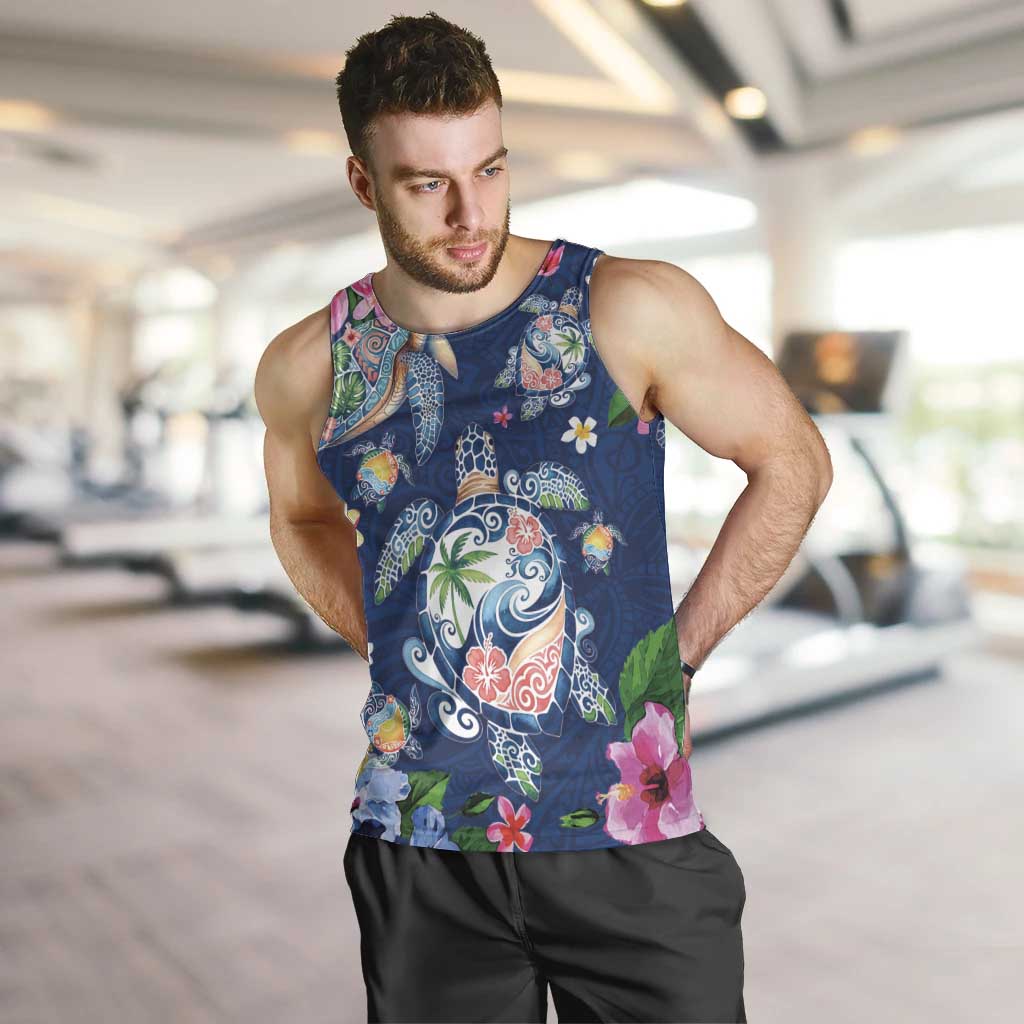 Hawaiian Turtles and Tropical Plants Men Tank Top Blue Watercolor