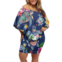 Hawaiian Turtles and Tropical Plants Off Shoulder Short Dress Blue Watercolor LT03 Women Blue - Polynesian Pride