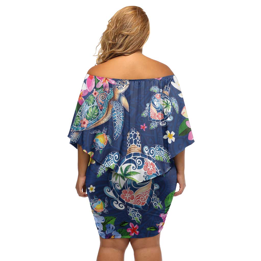 Hawaiian Turtles and Tropical Plants Off Shoulder Short Dress Blue Watercolor LT03 - Polynesian Pride