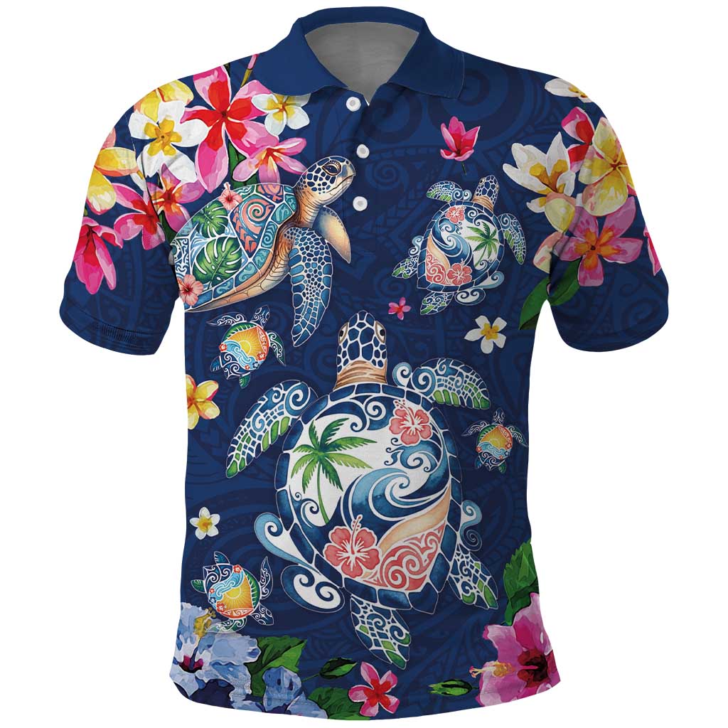 Hawaiian Turtles and Tropical Plants Polo Shirt Blue Watercolor