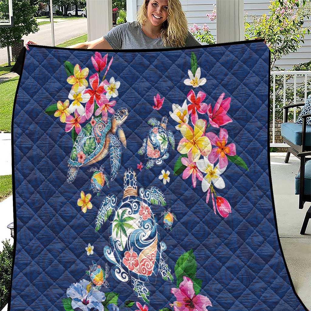 Hawaiian Turtles and Tropical Plants Quilt Blue Watercolor LT03 Blue - Polynesian Pride