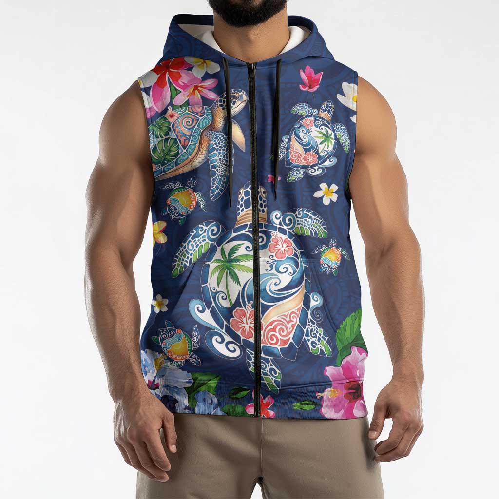 Hawaiian Turtles and Tropical Plants Sleeveless Zip Hoodie Blue Watercolor LT03 - Polynesian Pride