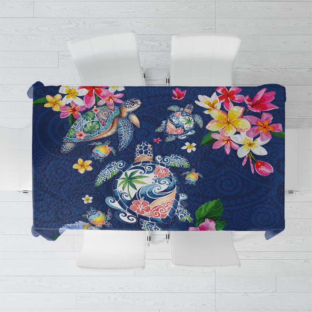 Hawaiian Turtles and Tropical Plants Tablecloth Blue Watercolor