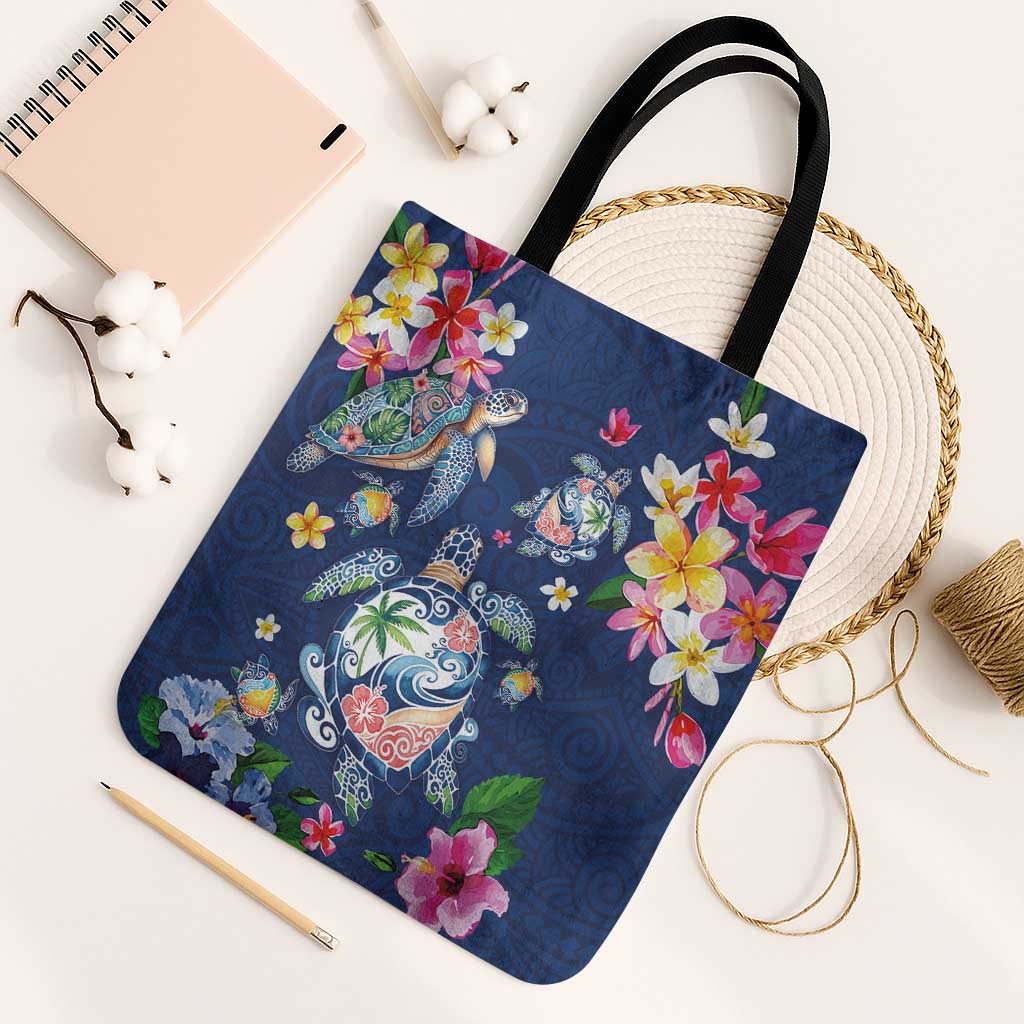 Hawaiian Turtles and Tropical Plants Tote Bag Blue Watercolor