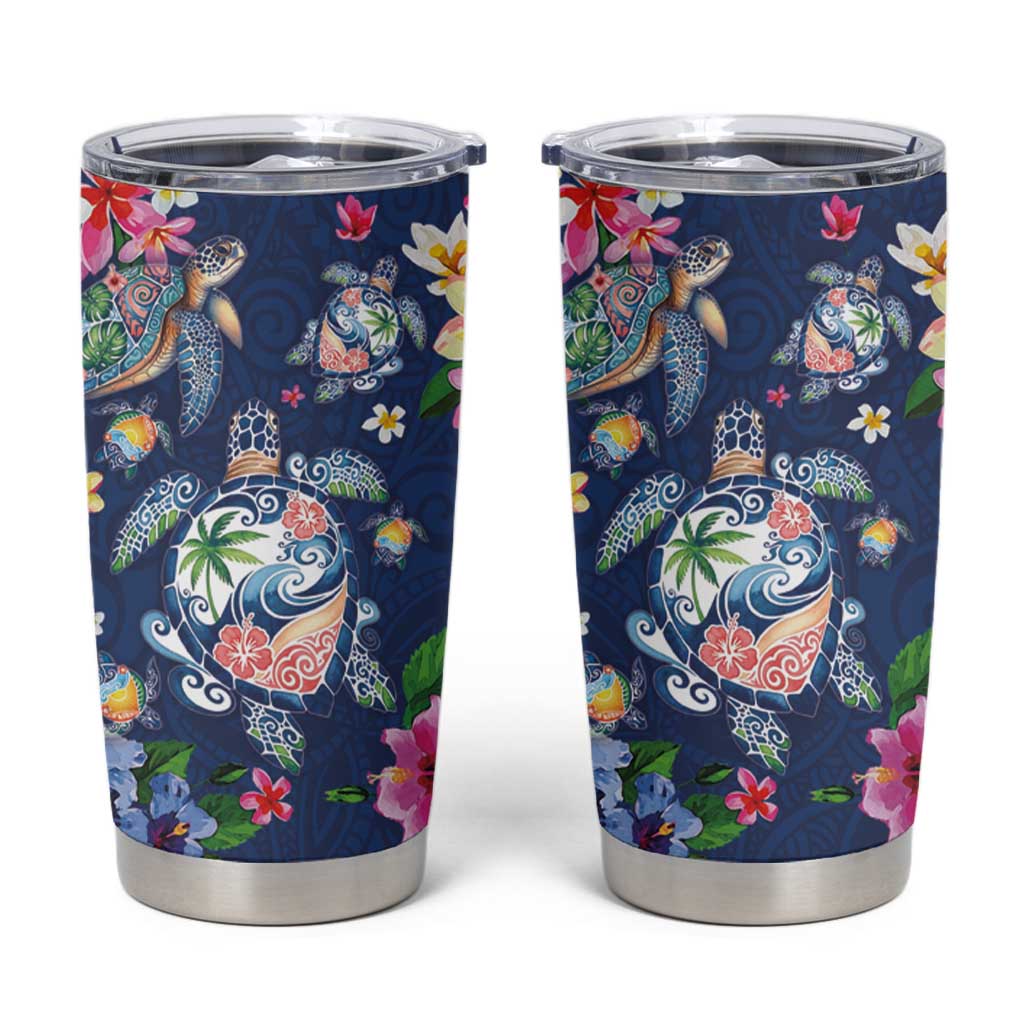 Hawaiian Turtles and Tropical Plants Tumbler Cup Blue Watercolor