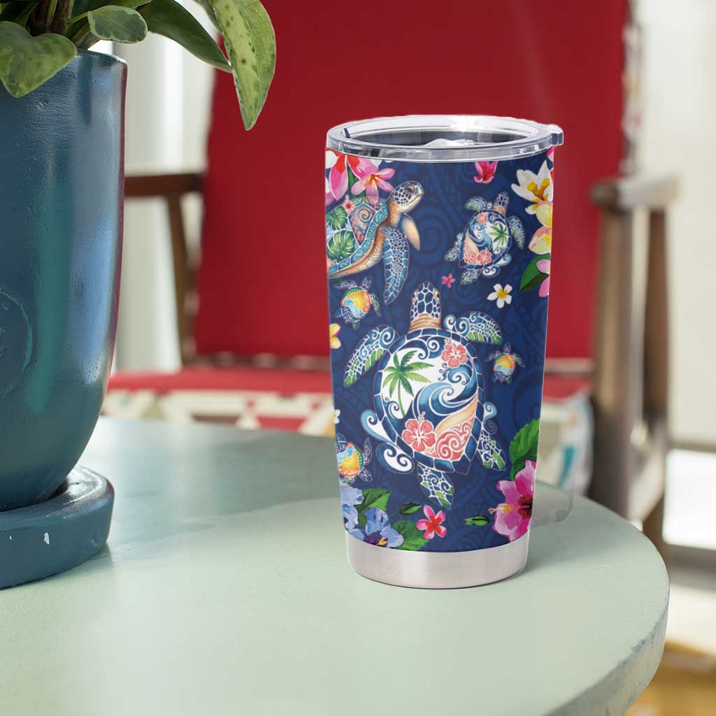 Hawaiian Turtles and Tropical Plants Tumbler Cup Blue Watercolor