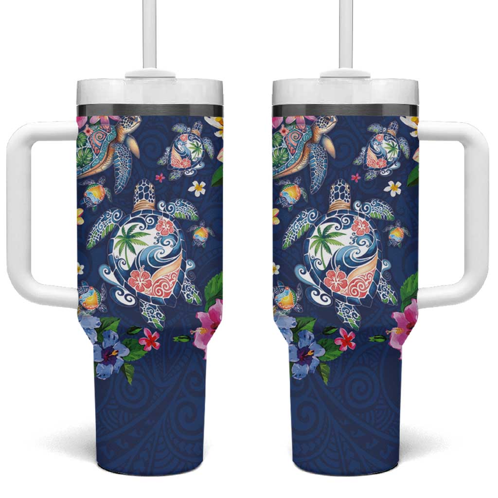 Hawaiian Turtles and Tropical Plants Tumbler With Handle Blue Watercolor
