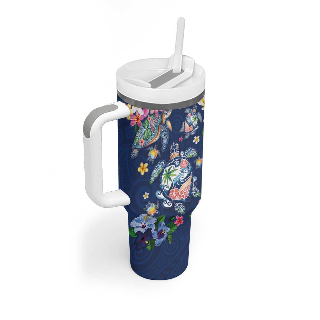 Hawaiian Turtles and Tropical Plants Tumbler With Handle Blue Watercolor