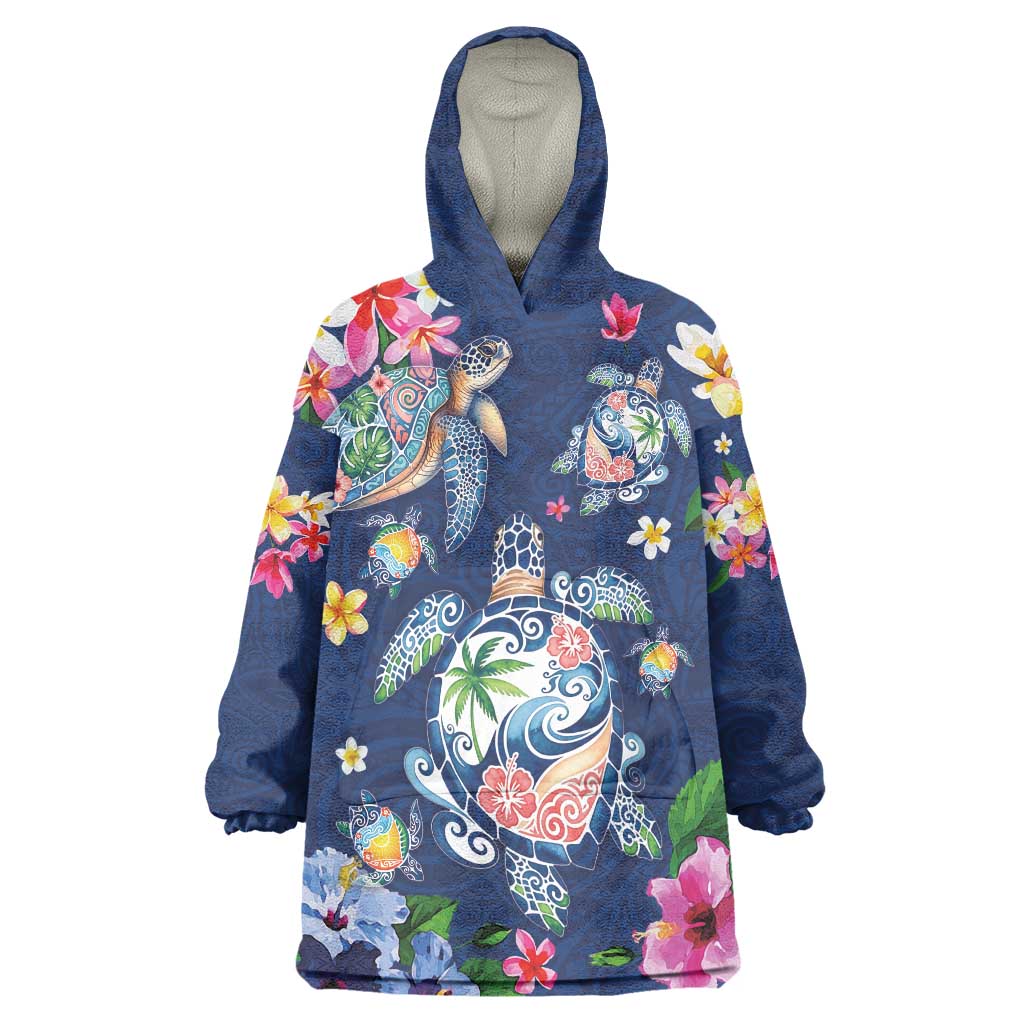 Hawaiian Turtles and Tropical Plants Wearable Blanket Hoodie Blue Watercolor LT03 One Size Blue - Polynesian Pride