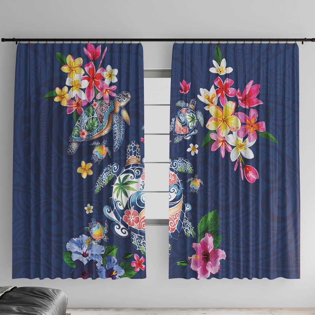 Hawaiian Turtles and Tropical Plants Window Curtain Blue Watercolor