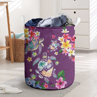 Hawaiian Turtles and Tropical Plants Laundry Basket Purple Watercolor