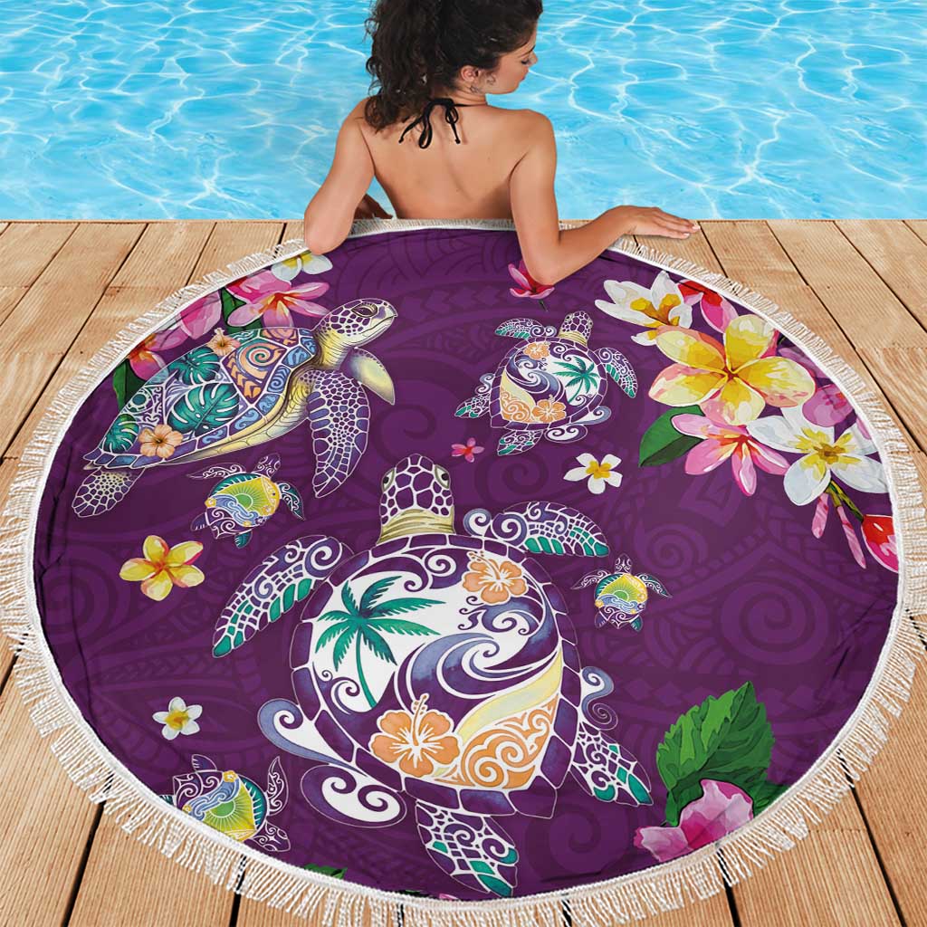 Hawaiian Turtles and Tropical Plants Beach Blanket Purple Watercolor