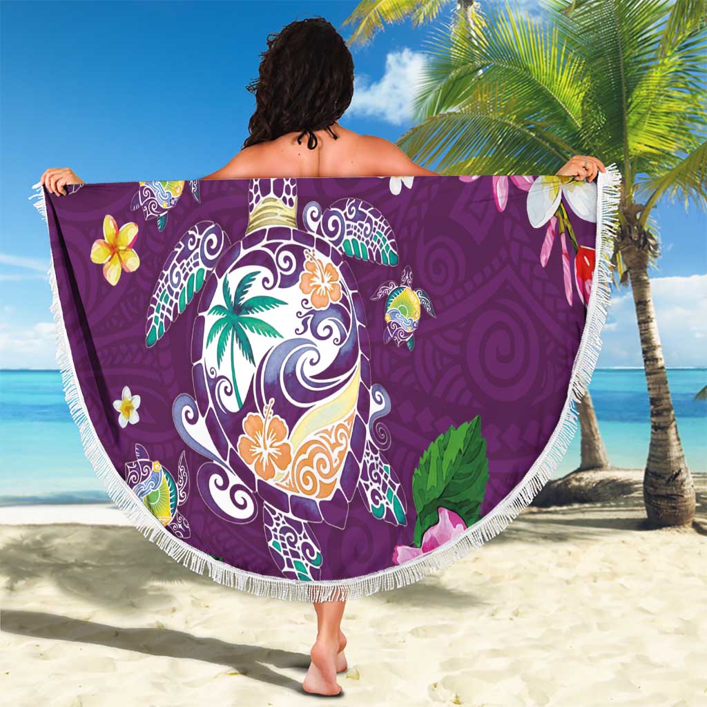 Hawaiian Turtles and Tropical Plants Beach Blanket Purple Watercolor