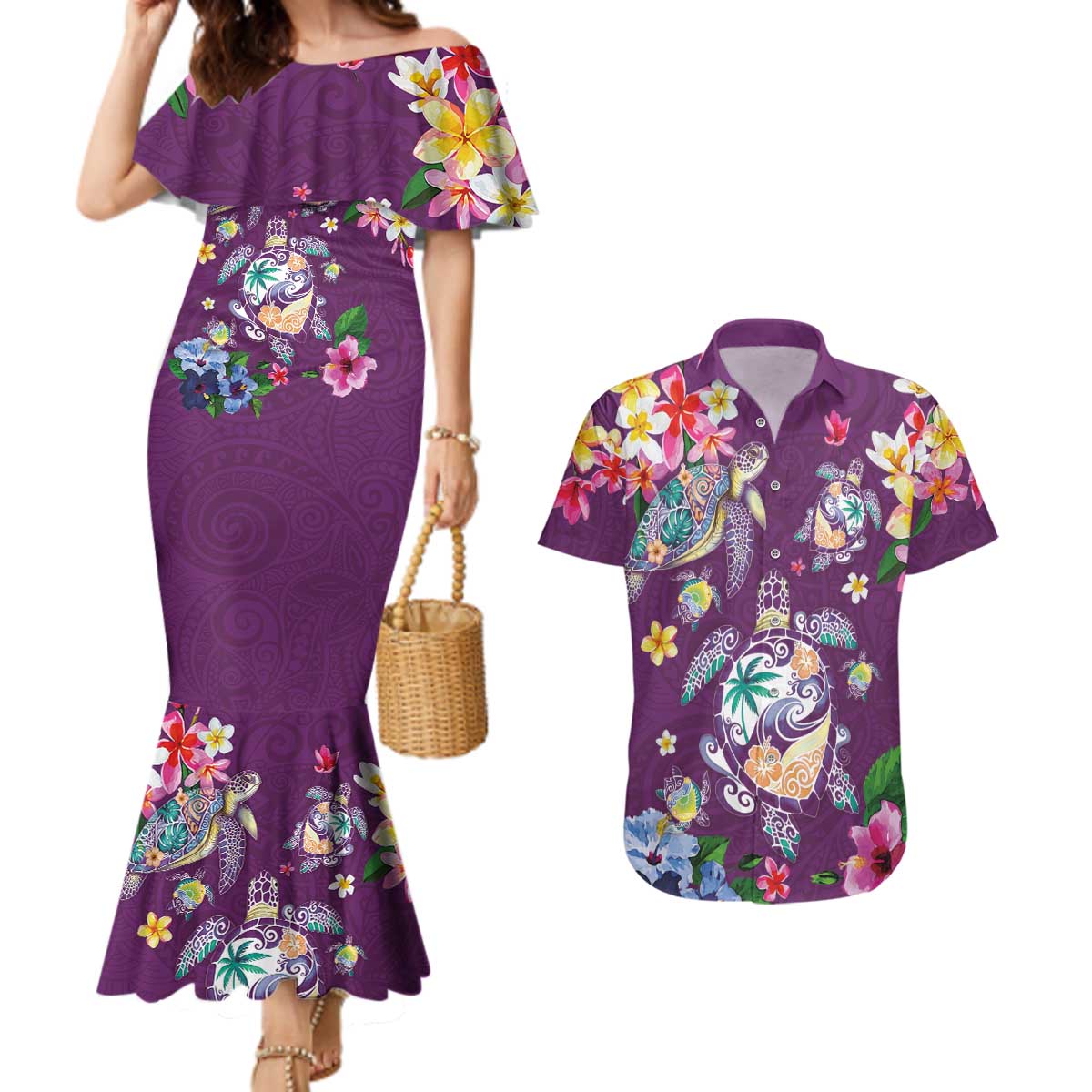 Hawaiian Turtles and Tropical Plants Couples Matching Mermaid Dress and Hawaiian Shirt Purple Watercolor