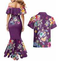 Hawaiian Turtles and Tropical Plants Couples Matching Mermaid Dress and Hawaiian Shirt Purple Watercolor