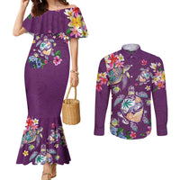 Hawaiian Turtles and Tropical Plants Couples Matching Mermaid Dress and Long Sleeve Button Shirt Purple Watercolor