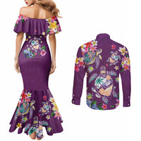 Hawaiian Turtles and Tropical Plants Couples Matching Mermaid Dress and Long Sleeve Button Shirt Purple Watercolor