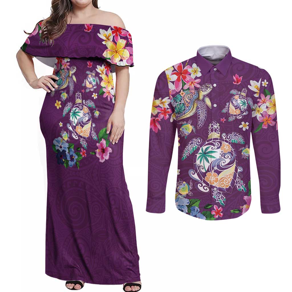 Hawaiian Turtles and Tropical Plants Couples Matching Off Shoulder Maxi Dress and Long Sleeve Button Shirt Purple Watercolor LT03 Purple - Polynesian Pride