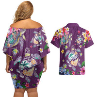 Hawaiian Turtles and Tropical Plants Couples Matching Off Shoulder Short Dress and Hawaiian Shirt Purple Watercolor