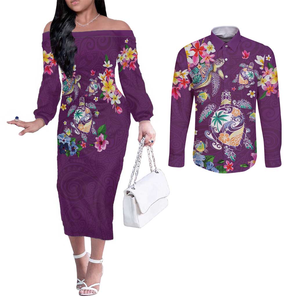 Hawaiian Turtles and Tropical Plants Couples Matching Off The Shoulder Long Sleeve Dress and Long Sleeve Button Shirt Purple Watercolor