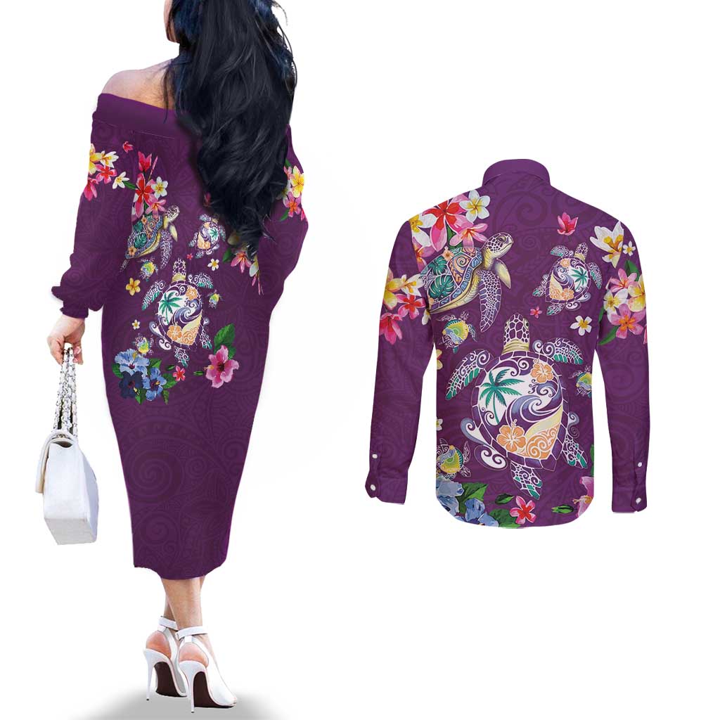 Hawaiian Turtles and Tropical Plants Couples Matching Off The Shoulder Long Sleeve Dress and Long Sleeve Button Shirt Purple Watercolor