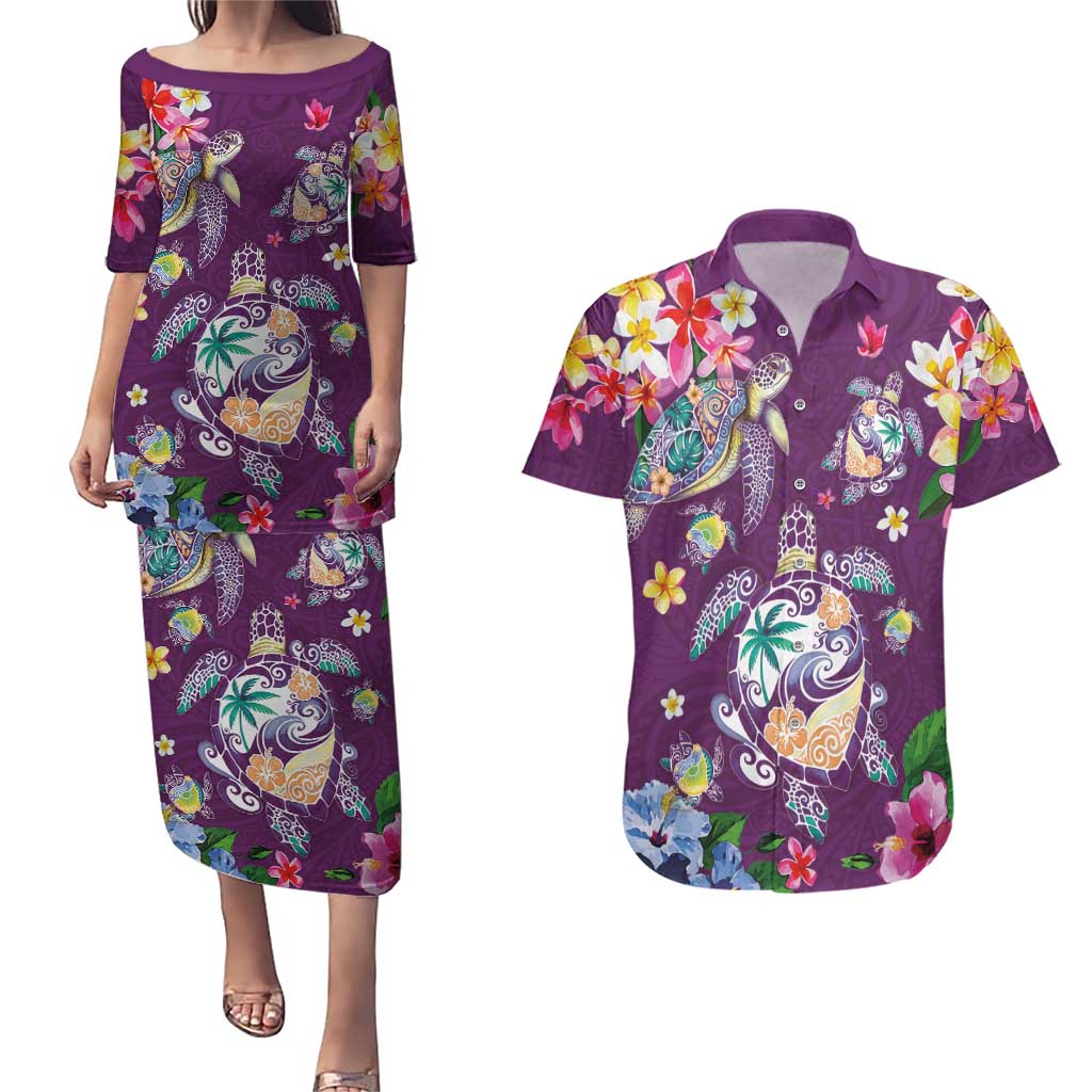Hawaiian Turtles and Tropical Plants Couples Matching Puletasi and Hawaiian Shirt Purple Watercolor