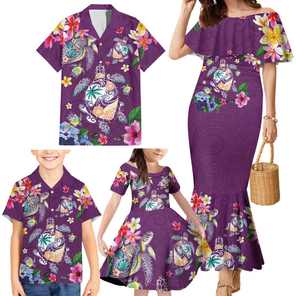 Hawaiian Turtles and Tropical Plants Family Matching Mermaid Dress and Hawaiian Shirt Purple Watercolor