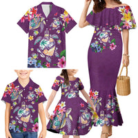 Hawaiian Turtles and Tropical Plants Family Matching Mermaid Dress and Hawaiian Shirt Purple Watercolor